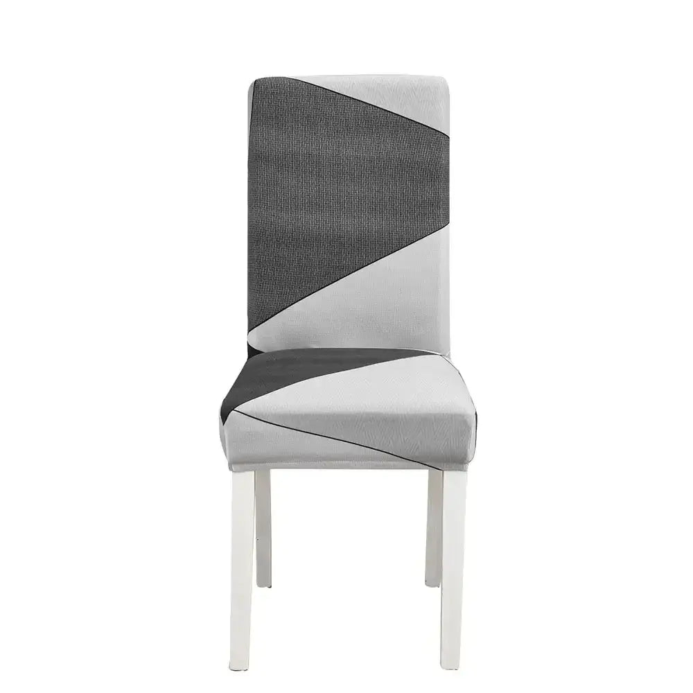 Modern gray and white geometric stretch chair cover with textured fabric finish for dining room decorbites geometric stretch