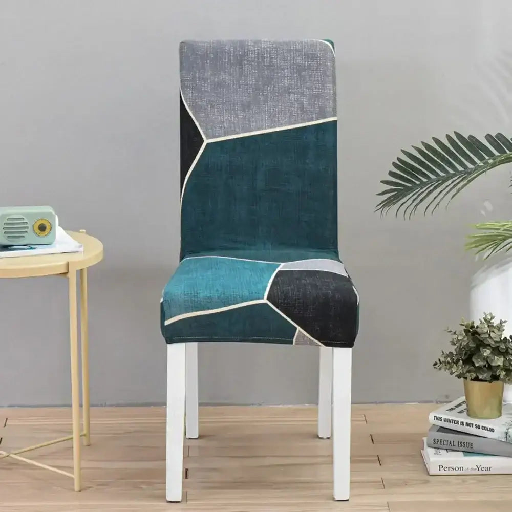 Teal and gray geometric stretch chair cover with white stitching accents for dining room decorbites geometric stretch slipcover