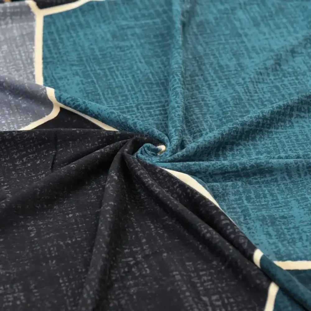 Teal and black geometric stretch chair cover with cream border accents for dining room decorbites geometric stretch design