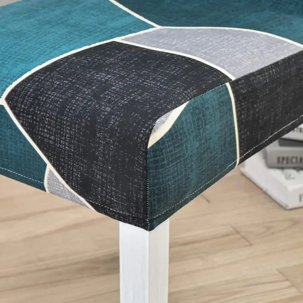 Teal black and gray decorbites geometric stretch chair cover with textured weave for dining room chairs