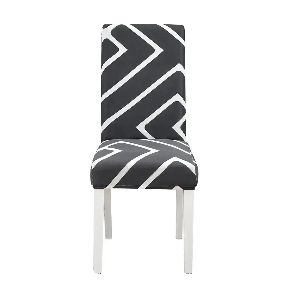 Teal and gray geometric stretch chair cover on black and white geometric-patterned modern dining chair decorbites geometric stretch