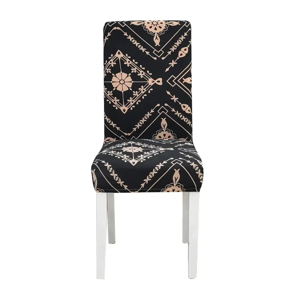 Black dining chair with beige white geometric floral decorbites geometric stretch cover and sleek white legs