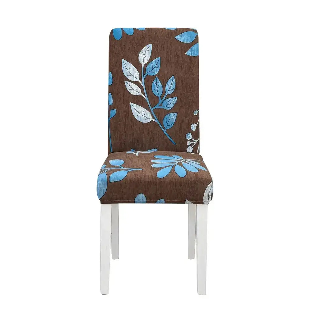 Brown chair cover with blue and white leaf pattern elasticized snug fit decorbites geometric stretch chair cover