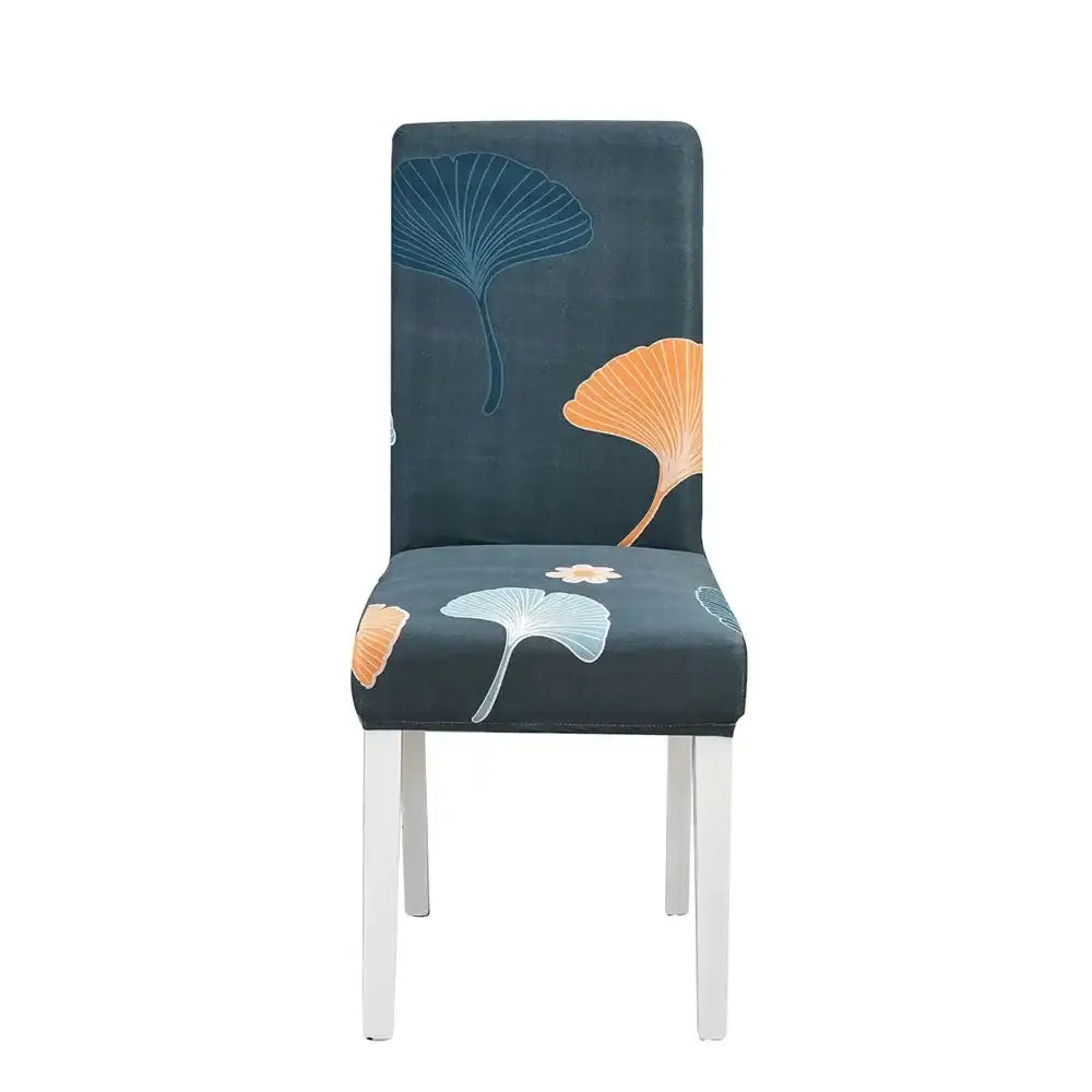 Dark blue stretch chair cover with teal orange and white ginkgo leaf pattern for decorbites geometric stretch chair