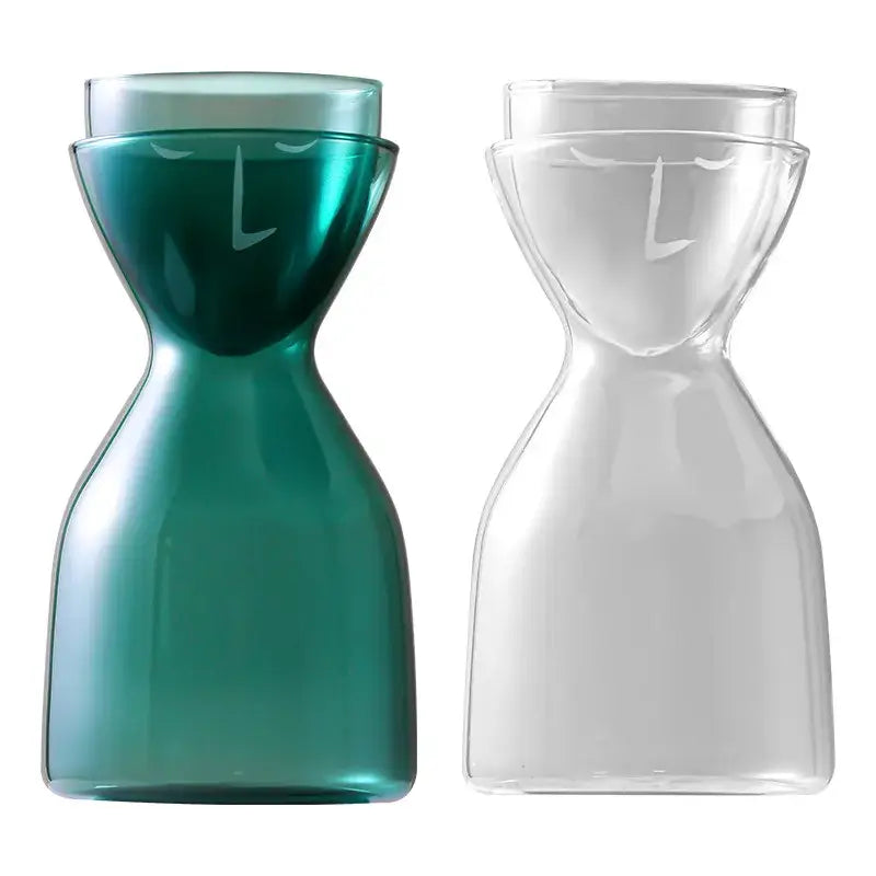 Teal hourglass glass tea infuser water bottle with minimalist face etching perfect for decorbites glass tea use