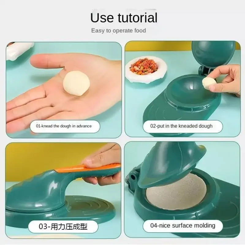 Teal plastic dough press tool with handle and pressing mechanism for making dumpling skin and dumpling skin maker use