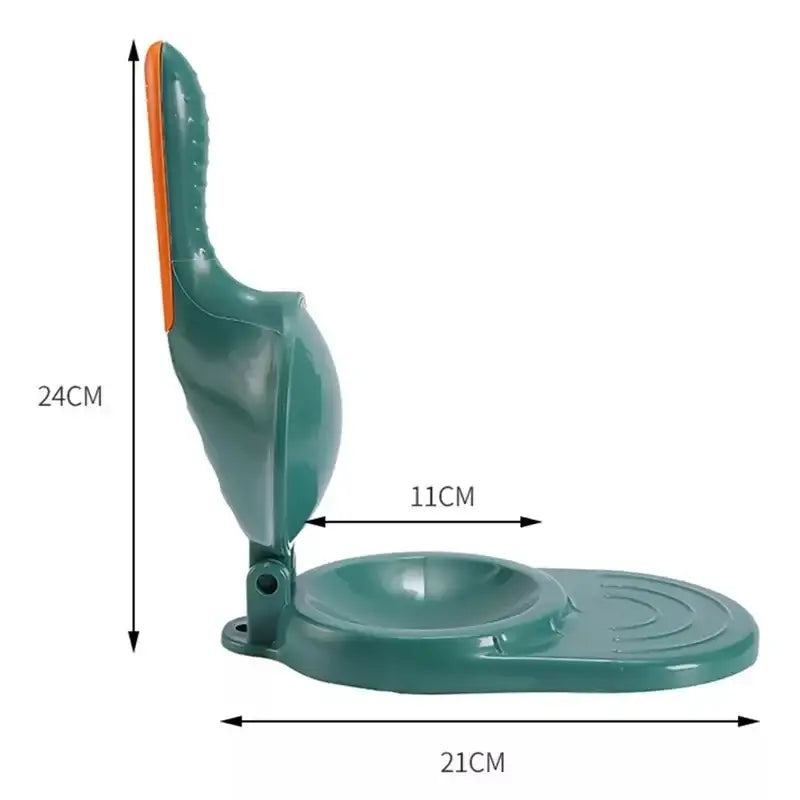 Teal plastic dough press tool with orange accent handle for making dumpling skin and dumpling skin maker use