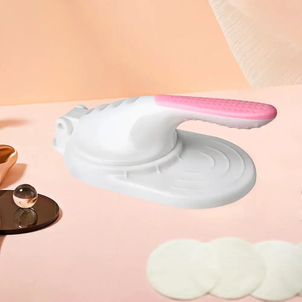 White and pink plastic dumpling skin maker with textured grip handle dough press tool for kitchen use