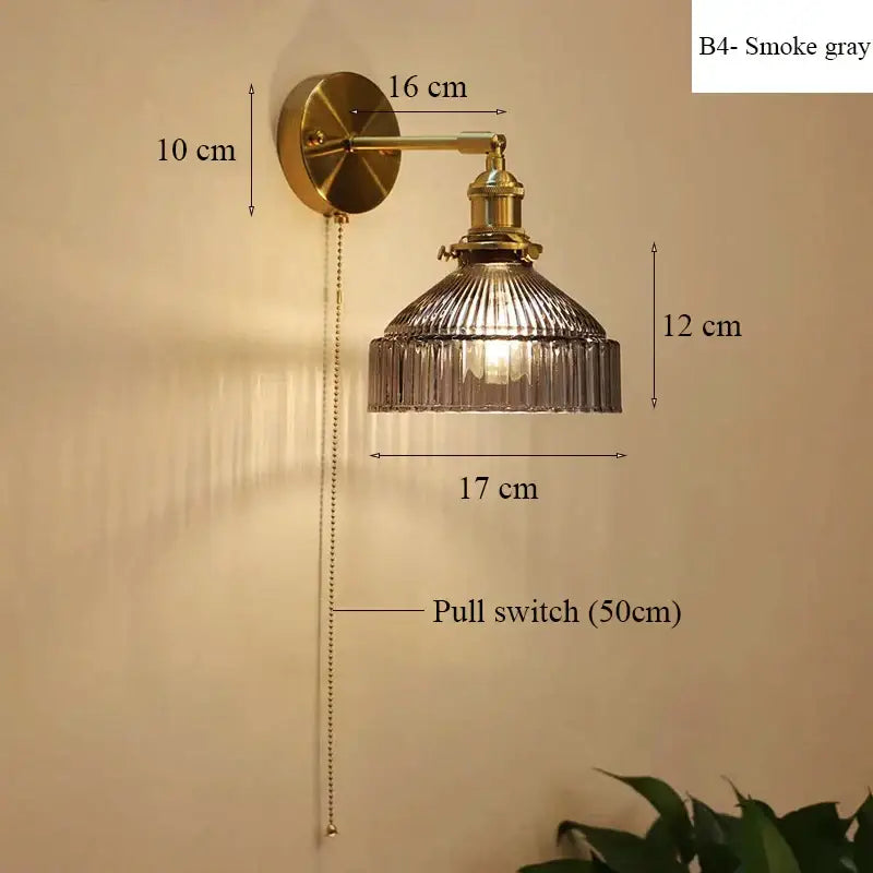 Vintage-style brass wall lamp with ribbed teal glass shade led and adjustable pull chain for luxury living room decor