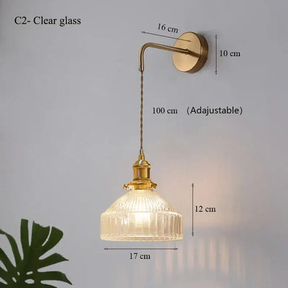 Teal ribbed glass shade led wall lamp with brass arm and adjustable chain for luxury living room decor
