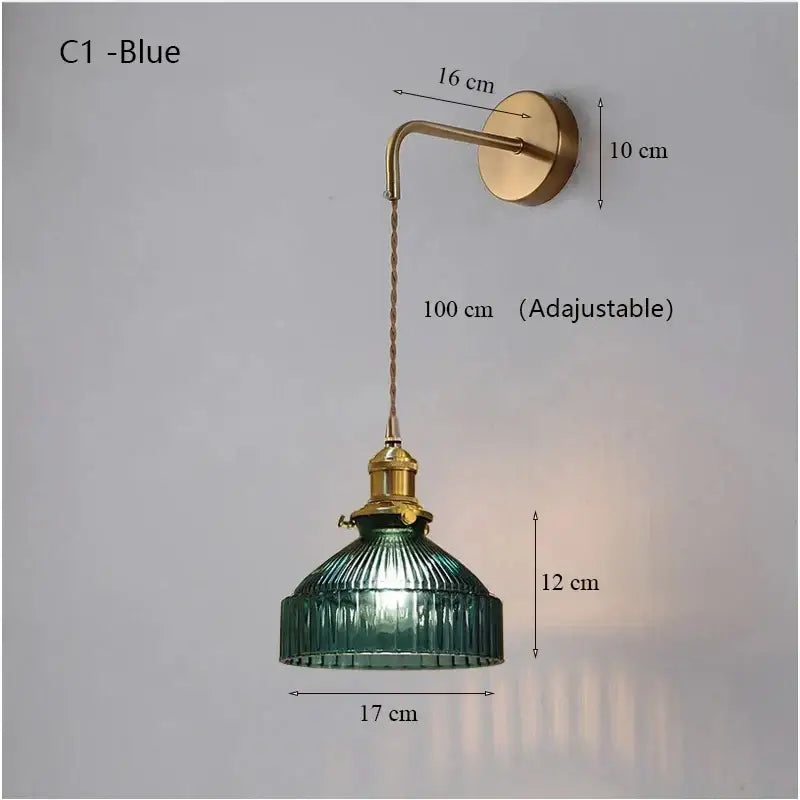 Vintage-style wall lamp with brass arm and teal green ribbed glass shade led suspended by 100 cm adjustable chain