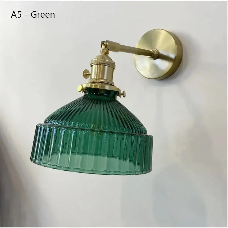 Teal ribbed glass shade led wall lamp with brass hardware for luxury living room decor