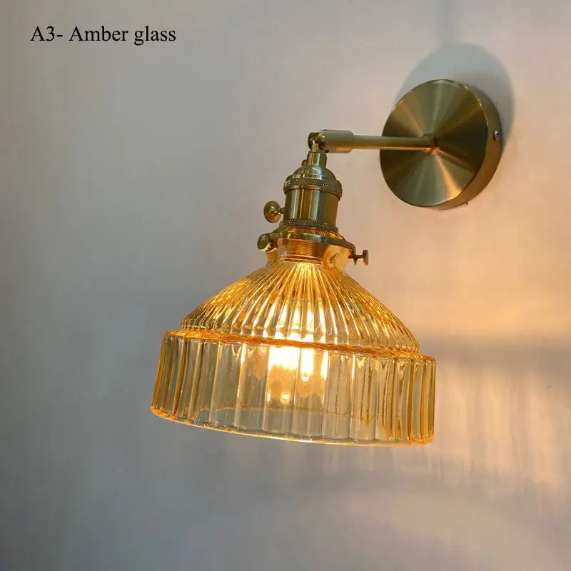 Amber glass shade led wall lamp with ribbed translucent shade and brass hardware for luxury living room decor