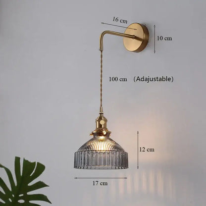 Brass-finished wall lamp with 100cm adjustable chain and ribbed clear glass shade led for luxury living room decor