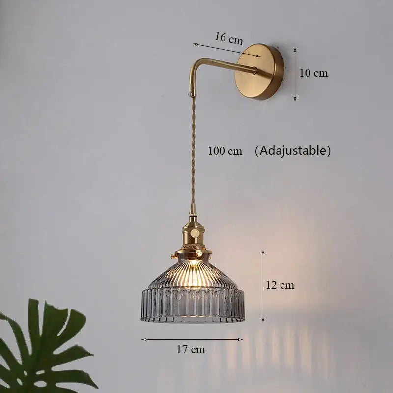 Brass-finished wall lamp with 100cm adjustable chain and ribbed clear glass shade led for luxury living room decor