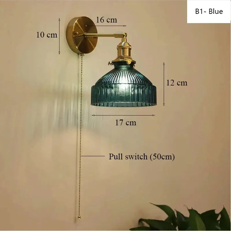 Teal ribbed glass shade led wall lamp with brass hardware and pull switch for luxury living room decor