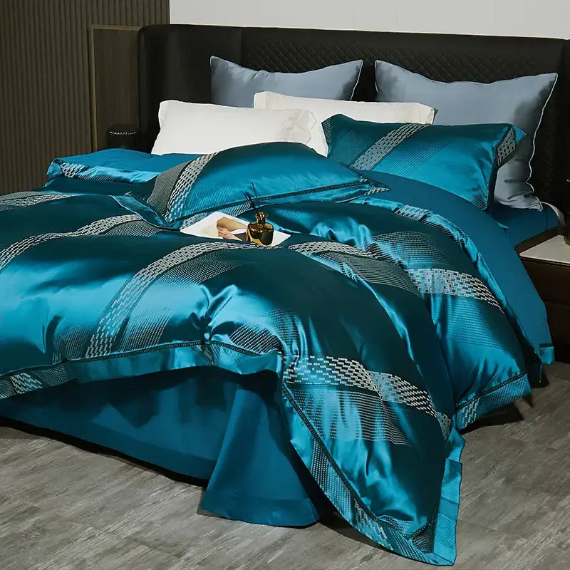 Teal satin duvet cover bedding set with geometric silver and white accents made from 1000tc egyptian cotton