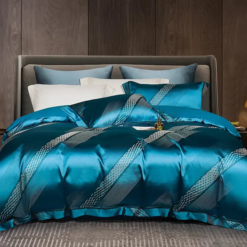 Teal satin comforter bedding set with diagonal silver and gray geometric patterns made from 1000tc egyptian cotton