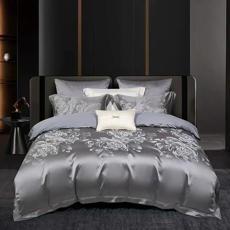 Elegant silver-gray satin duvet cover with white floral embroidery and cream pillow from 1000tc egyptian cotton bedding set