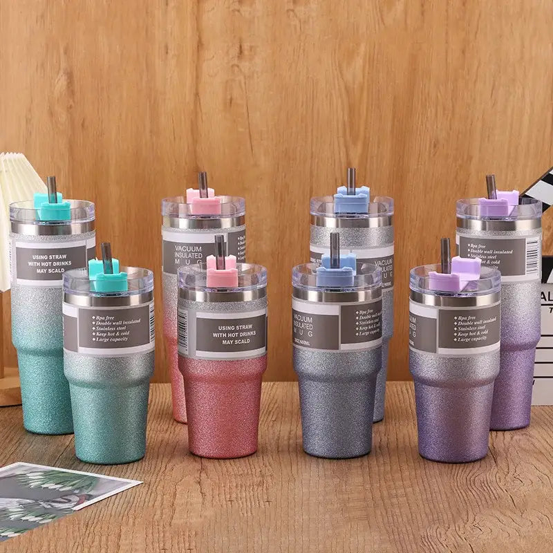 Teal and silver glitter insulated decorbites coffee cup thermos with pastel straw lids for stylish kitchen use