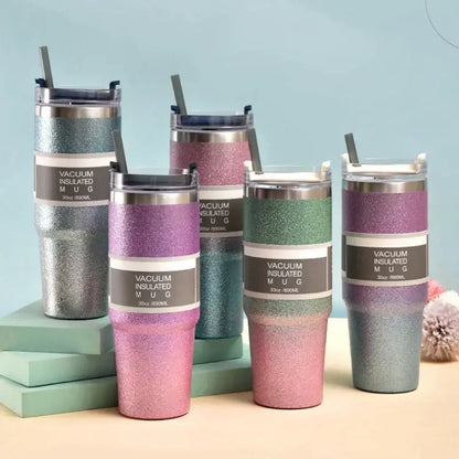 Teal and silver glitter decorbites coffee cup thermos with metallic silver pink and green vacuum insulated mugs and lids