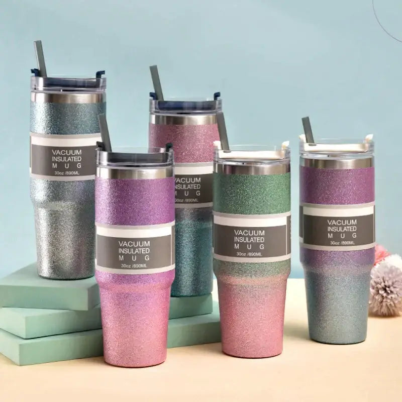Teal and silver glitter decorbites coffee cup thermos with metallic silver pink and green vacuum insulated mugs and lids