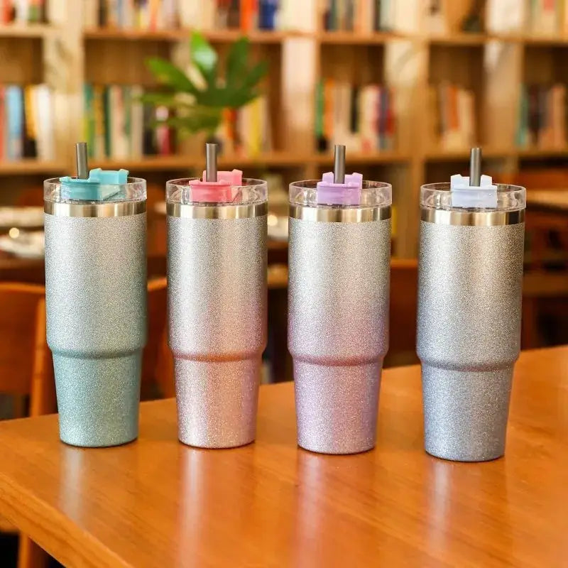 Four glittery teal and silver decorbites coffee cup thermos insulated mugs with metallic lids and colorful straw holders