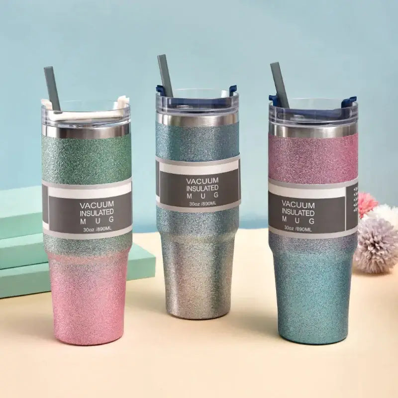 Three teal and silver glitter coffee cup thermos mugs with gradient finish and matching straws by decorbites coffee