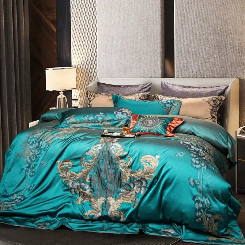 Teal satin bedding set with gold and silver floral embroidery decorbites 1200tc jacquard for elegant bedroom decor