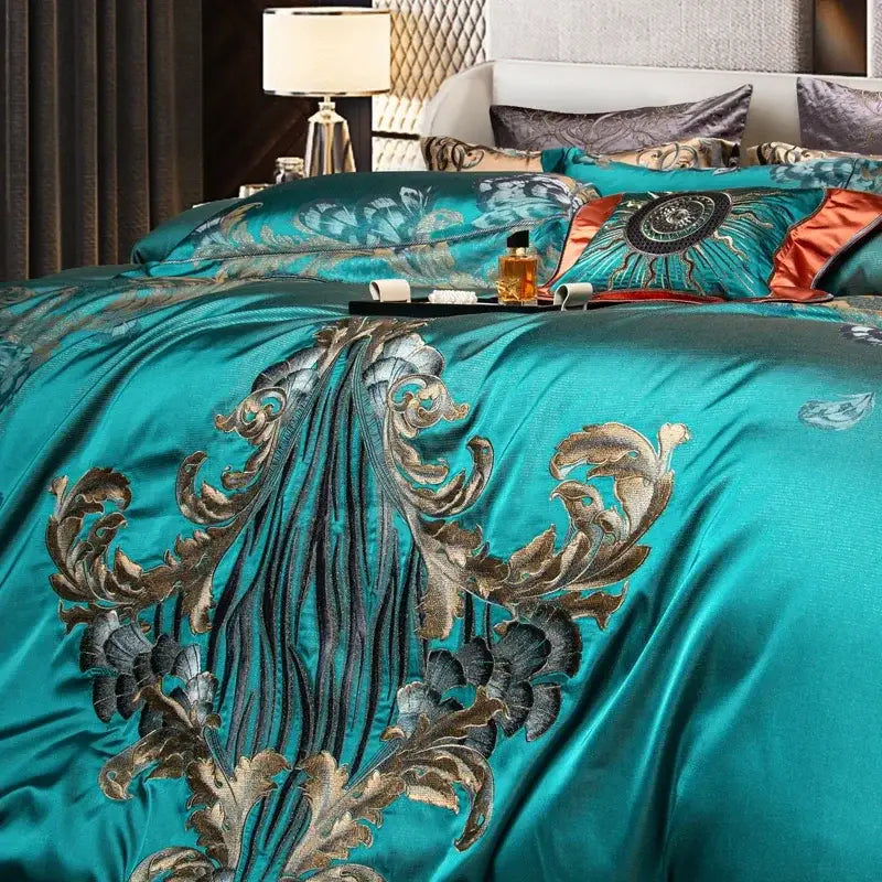 Teal satin bedding set with gold and black embroidered baroque floral patterns decorbites 1200tc jacquard bedding