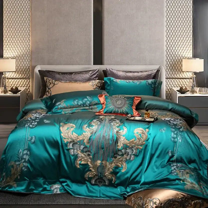 Teal satin bedding set with gold and silver floral embroidery decorbites 1200tc jacquard 1200tc jacquard bedding