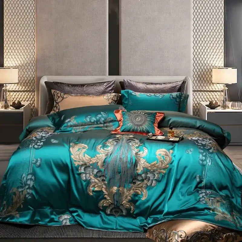 Teal satin bedding set with gold and silver floral embroidery decorbites 1200tc jacquard 1200tc jacquard bedding