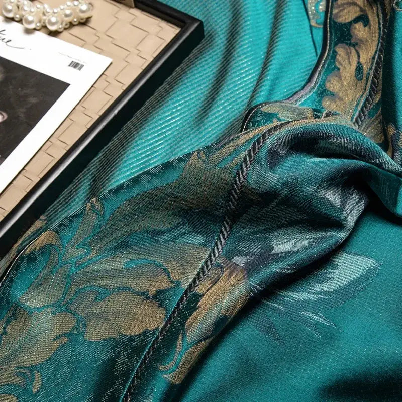 Teal silk scarf with gold and dark green floral embroidery complements decorbites 1200tc jacquard bedding set decor