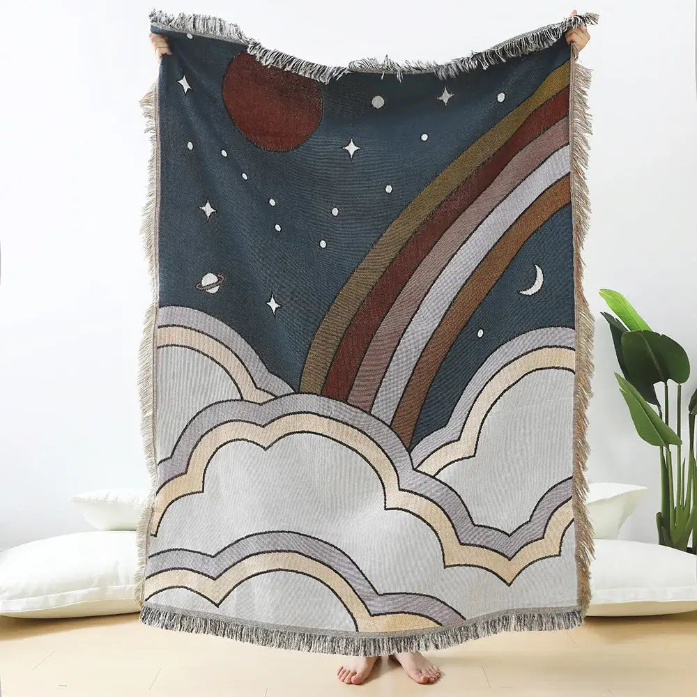 Teal and tan daisy pattern woven throw blanket with cozy dark blue fabric featuring rainbow decorbites daisy pattern decor