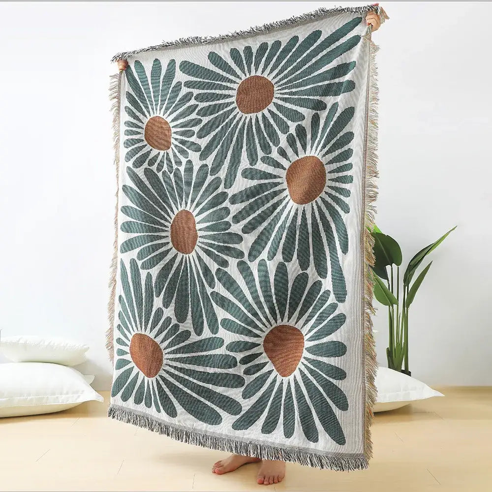Teal and tan daisy pattern woven throw blanket with fringed edges for living room decorbites daisy pattern decor