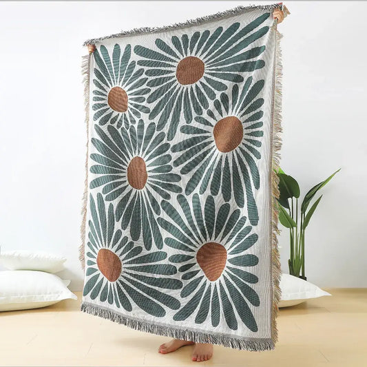 Teal and tan daisy pattern woven throw blanket with fringed edges for living room decorbites daisy pattern decor