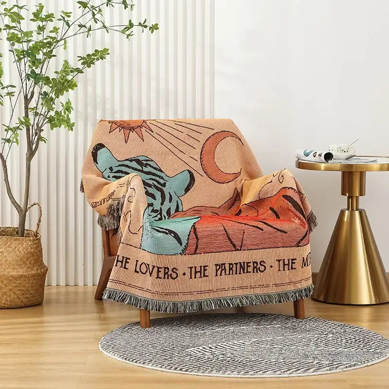 Beige woven throw blanket with celestial and tiger design and embroidered text for nordic outdoor sofa decorbites knitted nordic