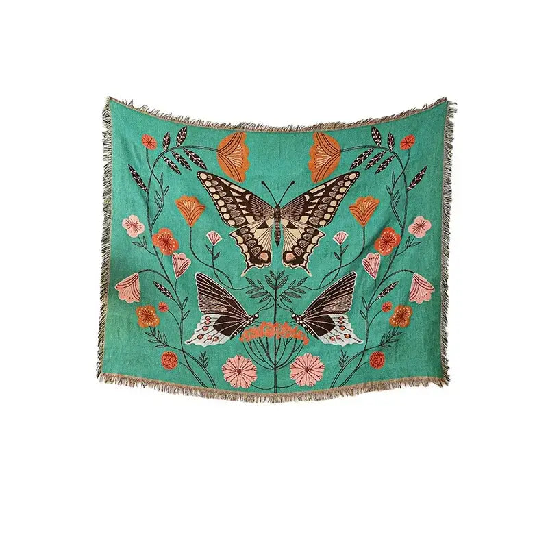 Teal tiger knitted nordic outdoor sofa throw blanket with embroidered butterflies and floral patterns with fringed edges