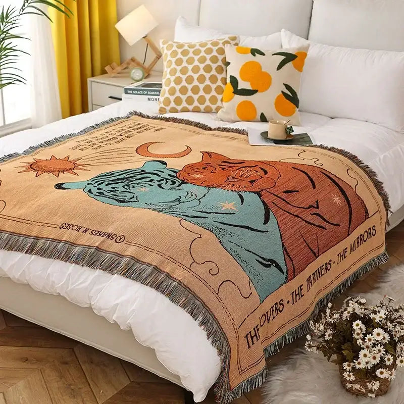 Beige decorbites knitted nordic outdoor sofa blanket featuring whimsical tiger illustration and fringed edges for living room decor