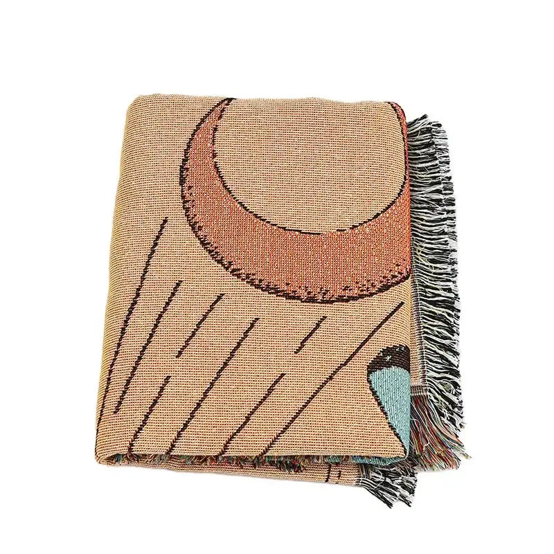 Tan woven throw blanket with abstract orange crescent and teal accents for decorbites knitted nordic outdoor sofa use