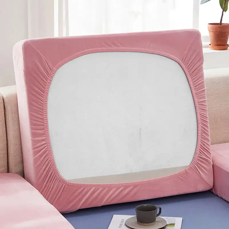 Pink velvet stretch sofa cushion cover with elasticated edges and white inner panel for living room furniture protection
