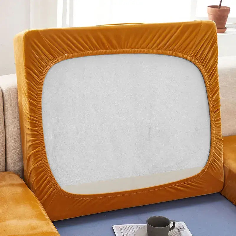 Warm mustard-yellow velvet sofa cover with elasticized edge and white lining for teal velvet stretch sofa cushion protector