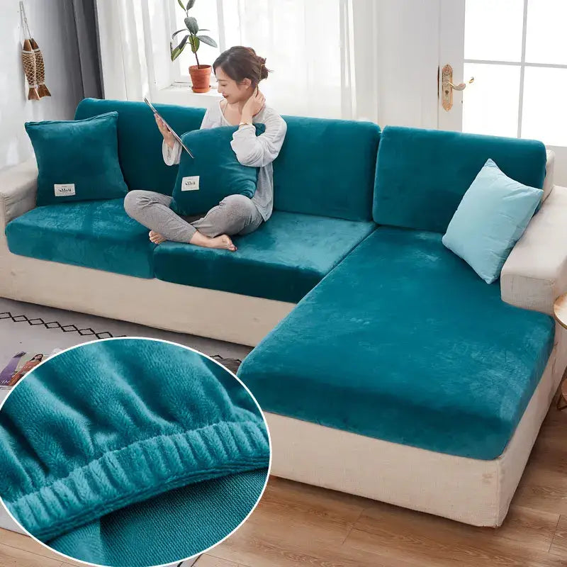 Teal velvet stretch sofa cushion cover with elasticized edges and plush texture for living room furniture protection