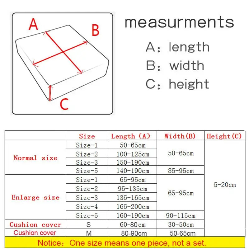 Size chart for teal velvet stretch sofa cushion cover showing measurements in centimeters for normal enlarge and cover sizes