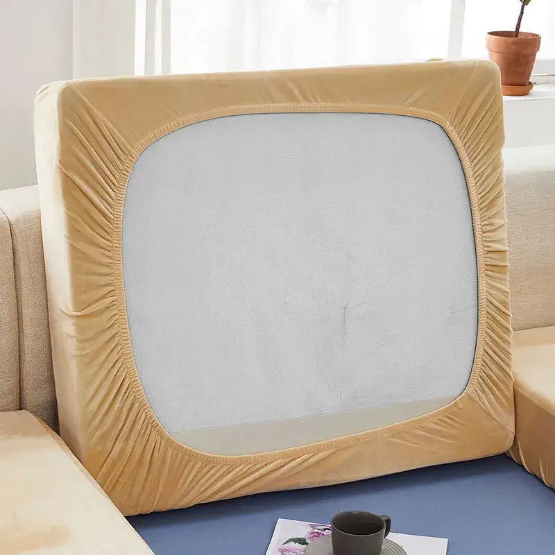 Beige velvet sofa cushion cover with elasticized edges and square cutout for teal velvet stretch sofa protector