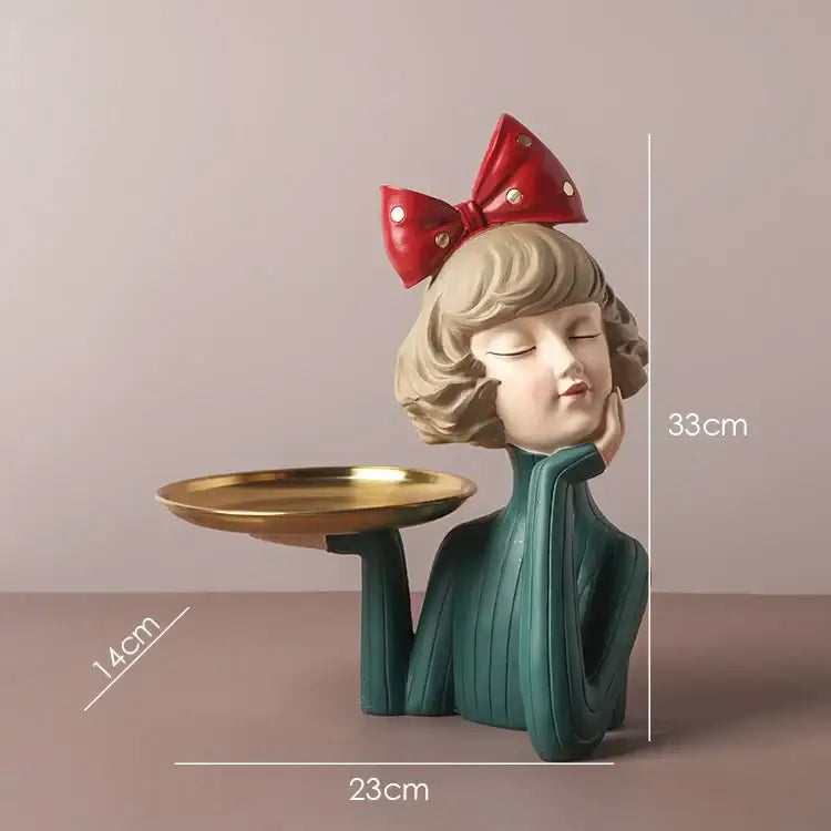A teal bowknot girl resin figurine with blonde hair holding a gold tray ideal for decorbites bowknot girl decor