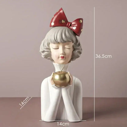 White resin bowknot girl figurine with red polka-dot bow holding golden apple for bedroom decorbites bowknot girl decor