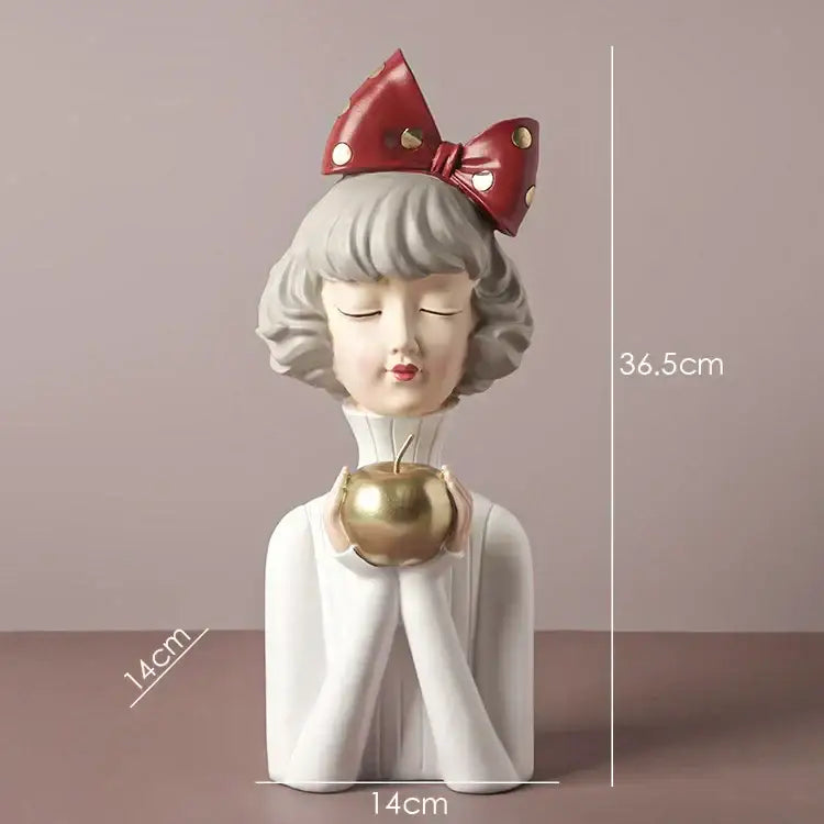 White resin bowknot girl figurine with red polka-dot bow holding golden apple for bedroom decorbites bowknot girl decor