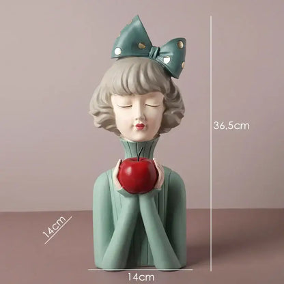 Teal bowknot girl resin figurine holding a red apple on gold tray bedroom decor by decorbites bowknot girl