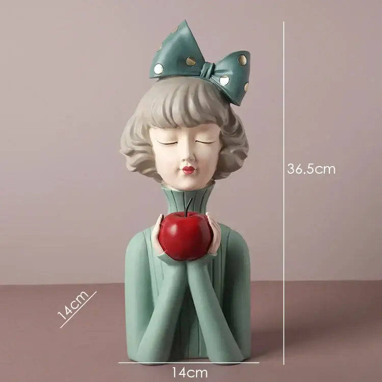 Teal bowknot girl resin figurine holding a red apple on gold tray bedroom decor by decorbites bowknot girl